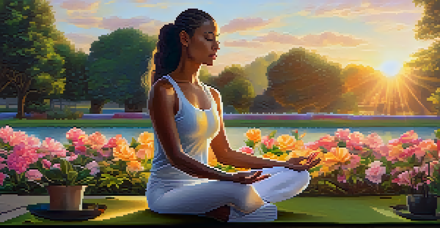 A woman practicing mindfulness meditation on a yoga mat in a park during sunset, surrounded by greenery and flowers.