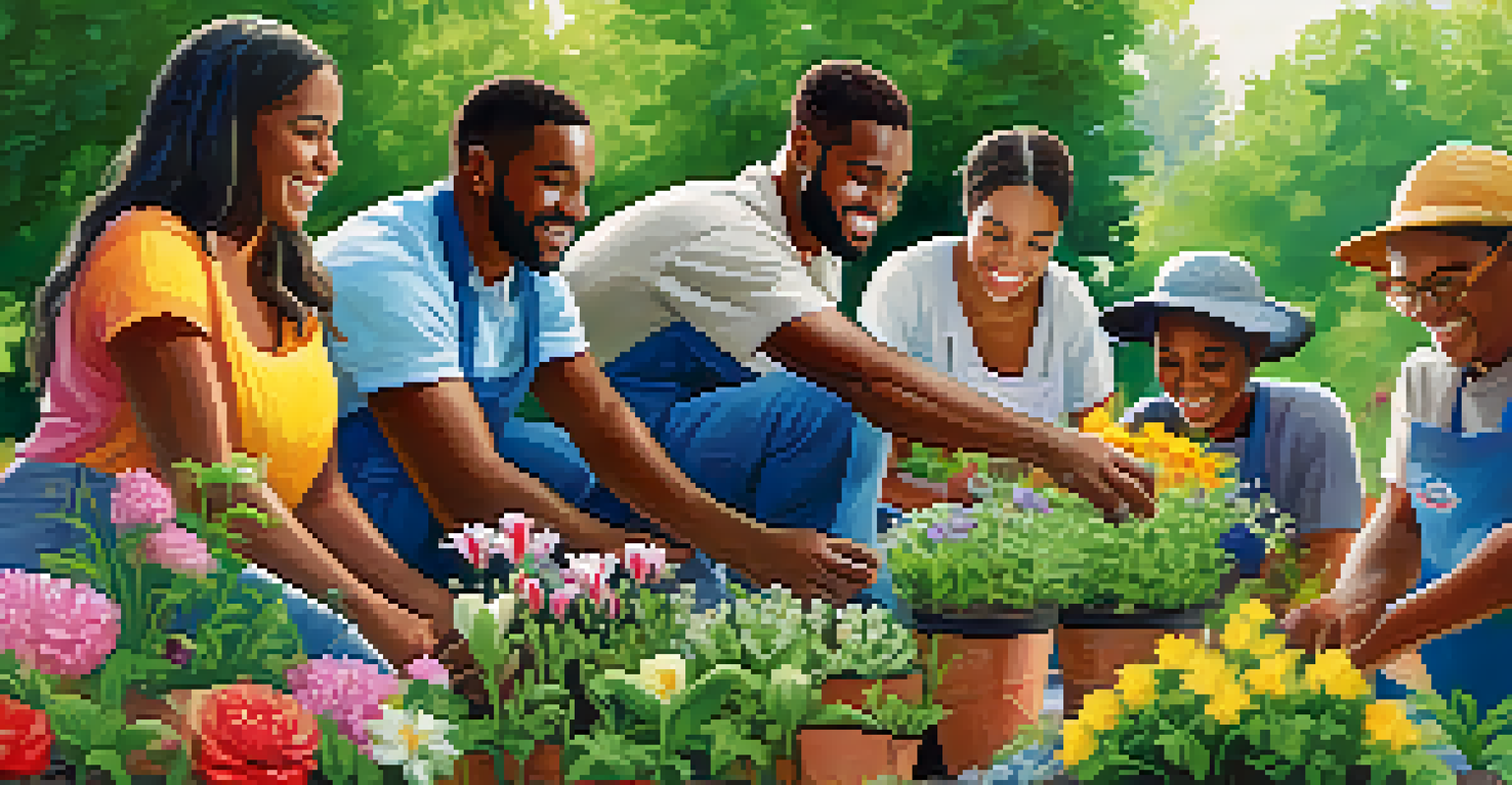 A diverse group of people happily gardening together in a vibrant community garden.