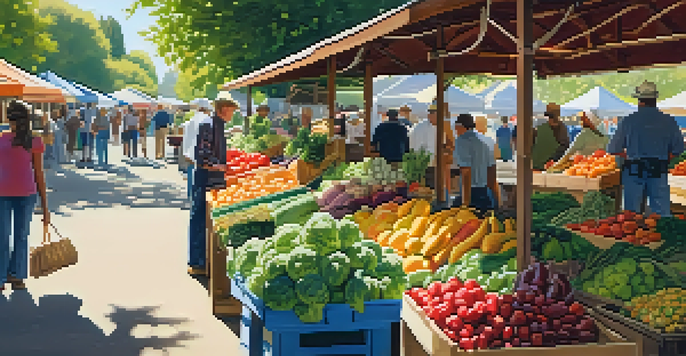 A lively farmer's market filled with colorful fruits and vegetables, sunlight filtering through trees.