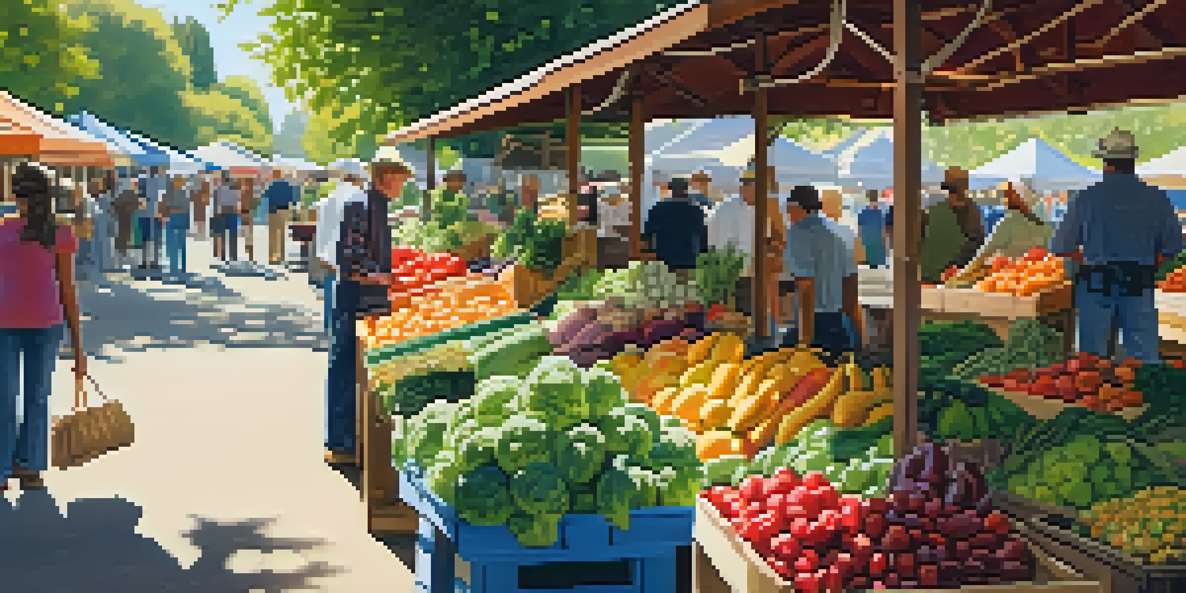 A lively farmer's market filled with colorful fruits and vegetables, sunlight filtering through trees.