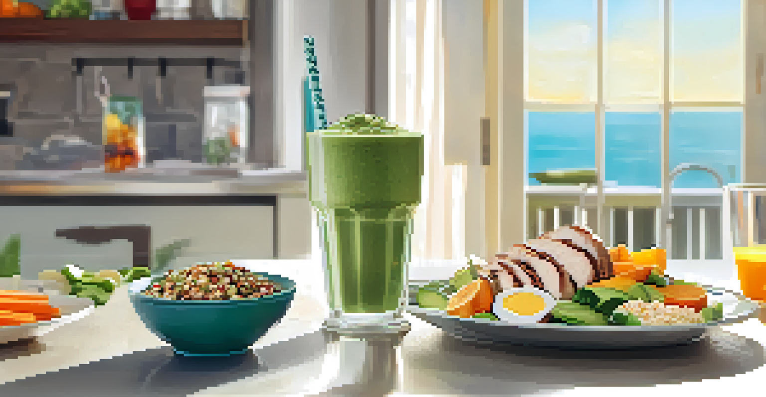 A post-workout scene with a protein shake and a colorful recovery meal, showcasing grilled chicken, quinoa, avocado, and vegetables.