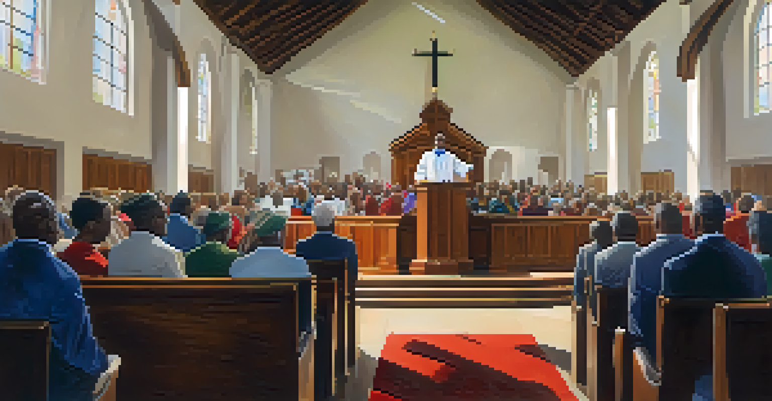 A faith leader speaking to a congregation about preventive health, with visuals of healthy lifestyles behind them in a warmly lit church setting.