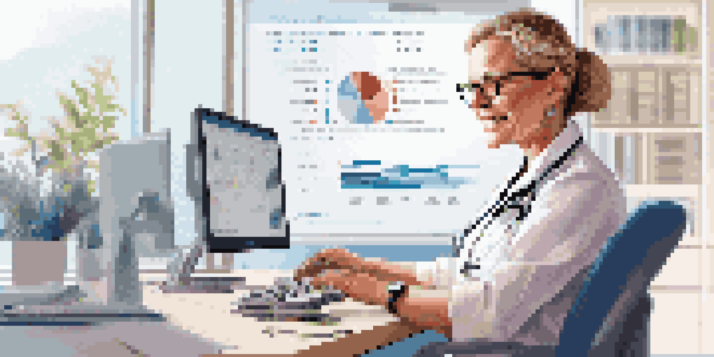 A healthcare professional using a modern electronic health record system at a well-lit desk, with patient data displayed on the screen.
