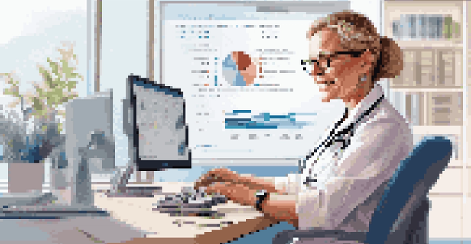 A healthcare professional using a modern electronic health record system at a well-lit desk, with patient data displayed on the screen.