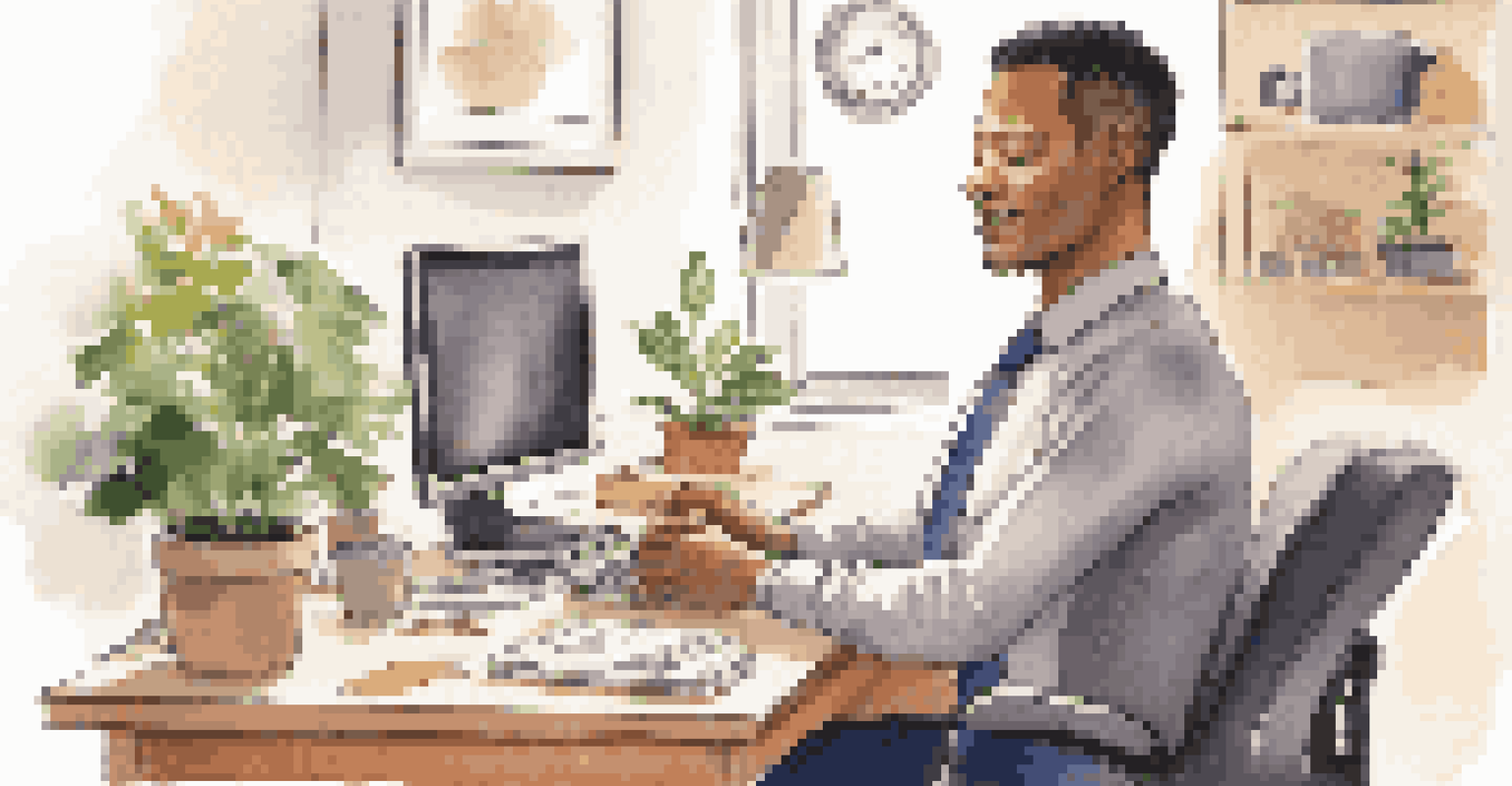 An employee stretching at their desk with a relaxed expression, surrounded by an organized workspace.