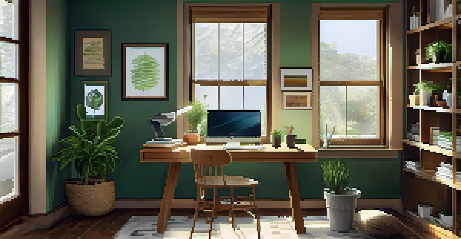 A cozy home office with a wooden desk, laptop, coffee cup, and a potted plant, bathed in natural light.