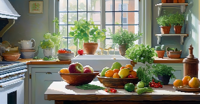 A bright kitchen with a wooden table full of fresh produce and cookbooks, featuring a woman preparing a salad.