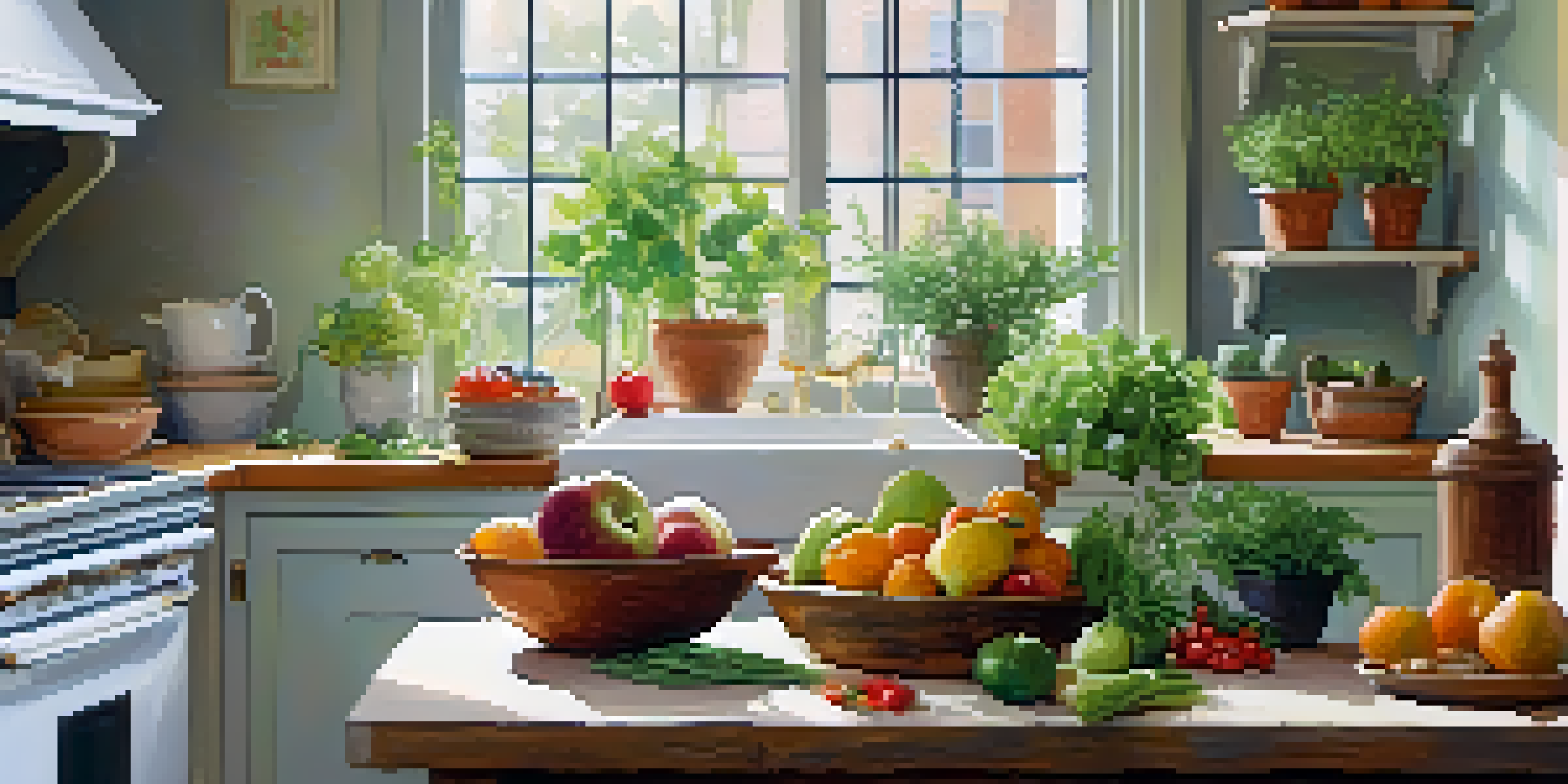 A bright kitchen with a wooden table full of fresh produce and cookbooks, featuring a woman preparing a salad.
