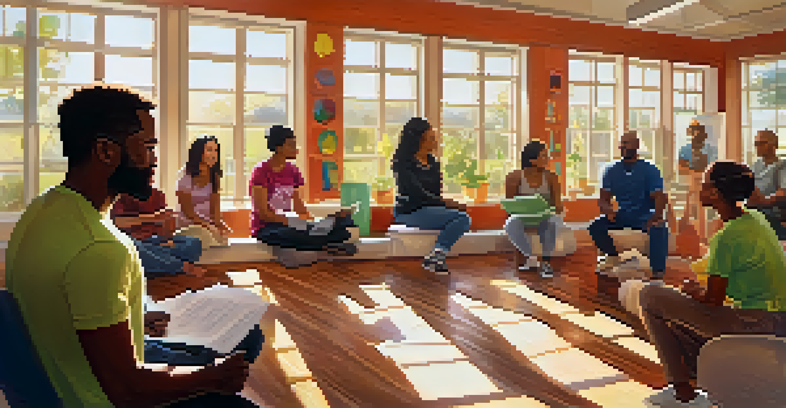 A diverse group of individuals participating in a wellness workshop, sharing experiences and engaging in group activities in a colorful community center.