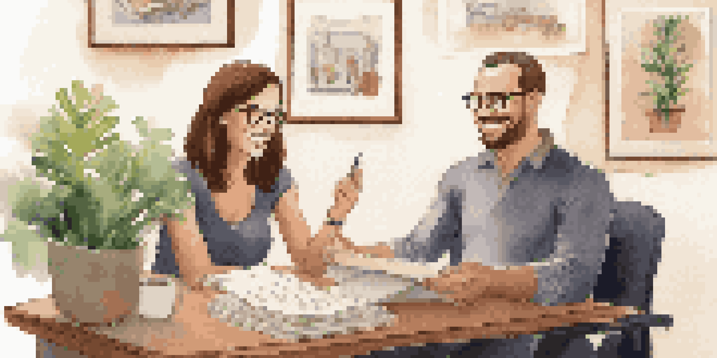 A health coach and a client in a cozy office, discussing health goals with a notepad.