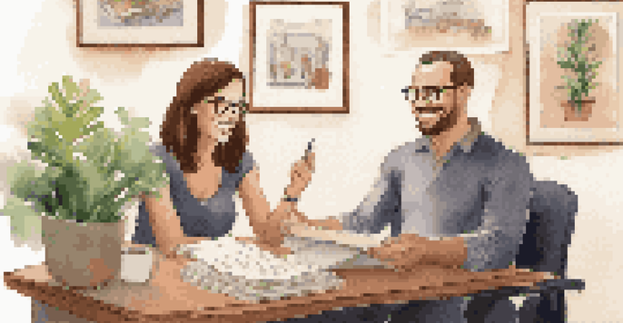 A health coach and a client in a cozy office, discussing health goals with a notepad.