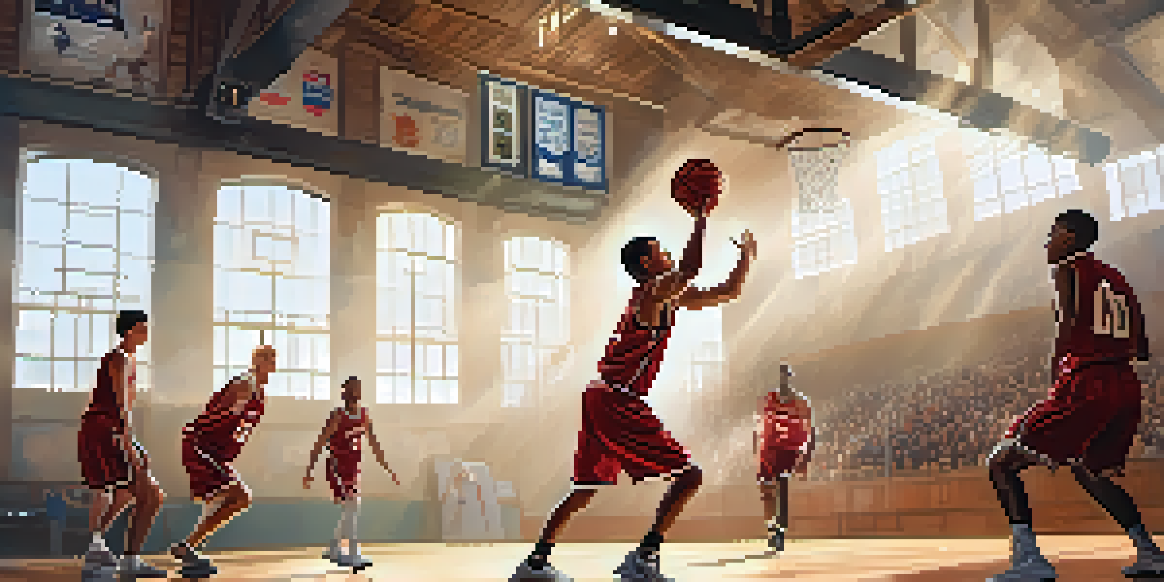 A basketball player taking a shot in a bright gym, with sunlight illuminating their focused expression.