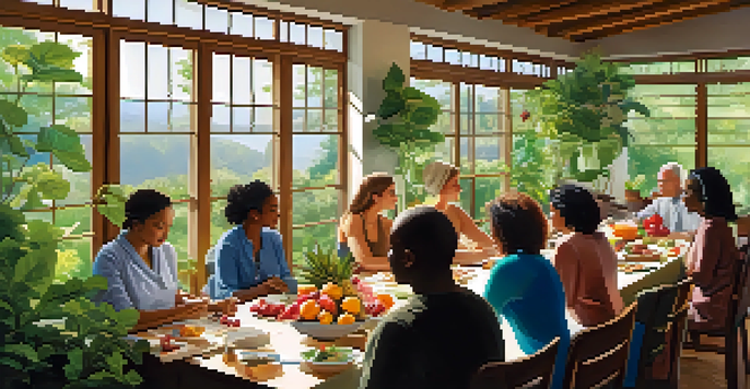 A diverse group of people in a bright room participating in a nutrition workshop with fruits and vegetables on the table.