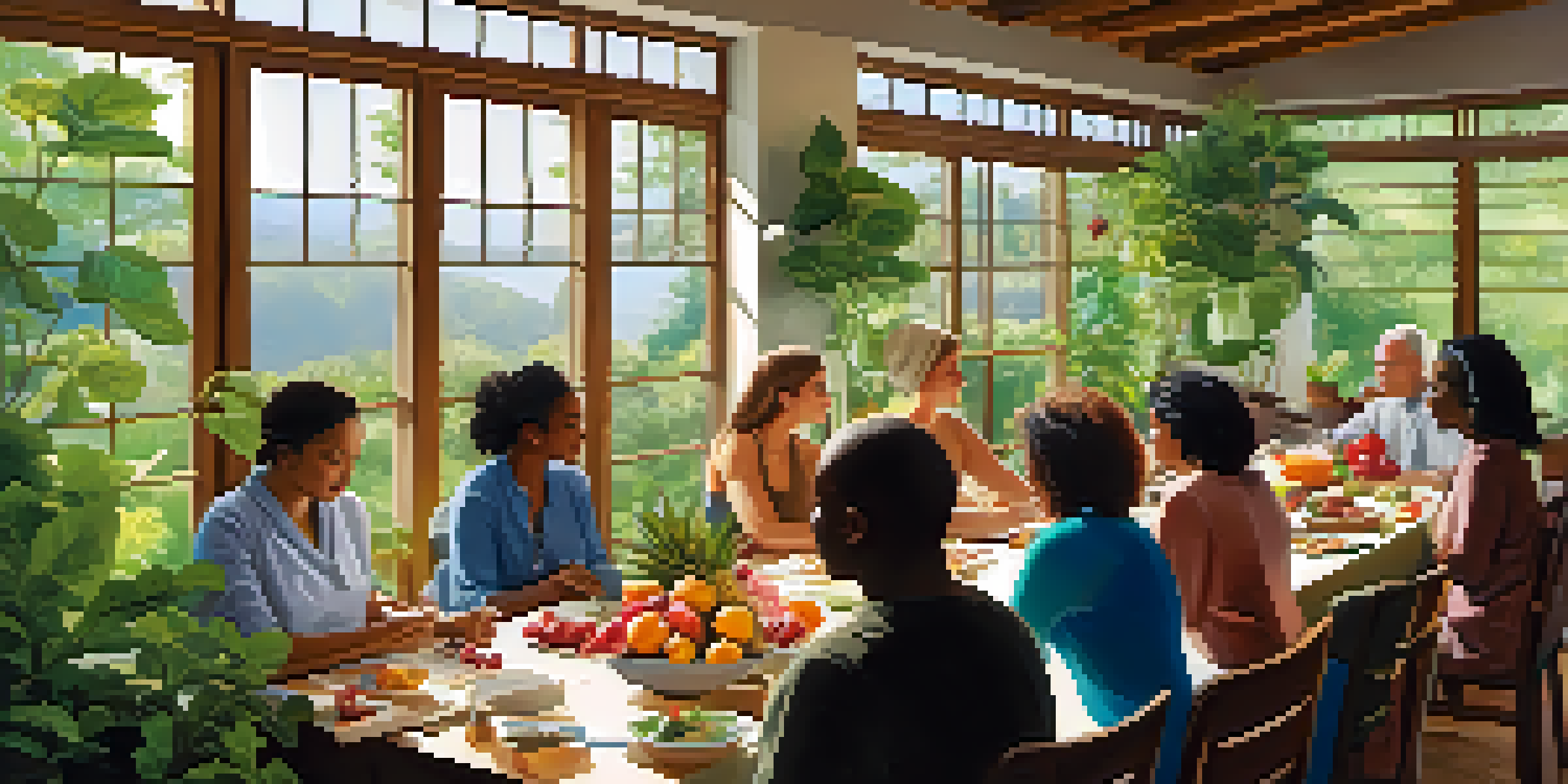 A diverse group of people in a bright room participating in a nutrition workshop with fruits and vegetables on the table.