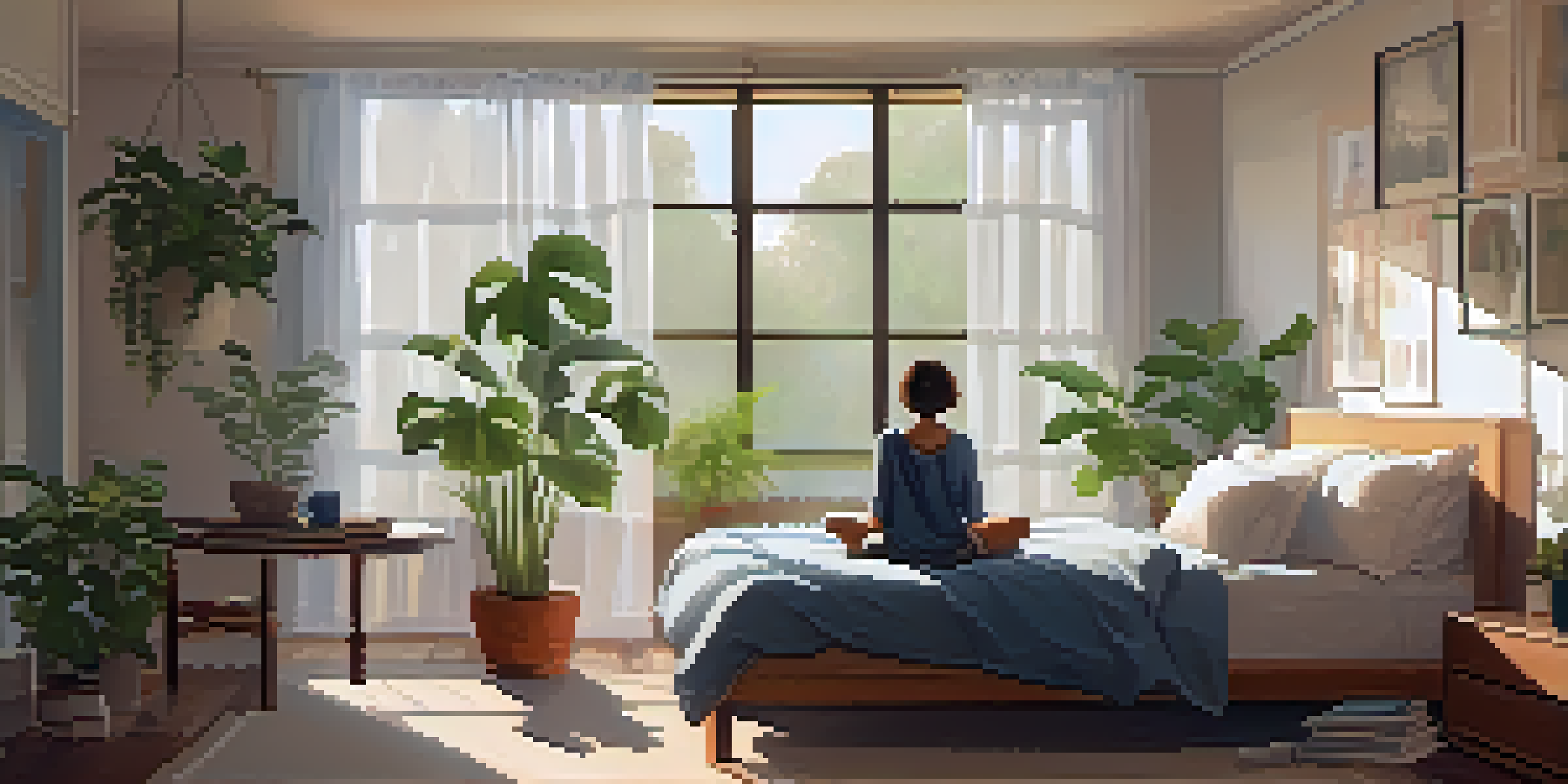 A person practicing mindfulness in a bright, plant-filled bedroom, sitting cross-legged on the bed.