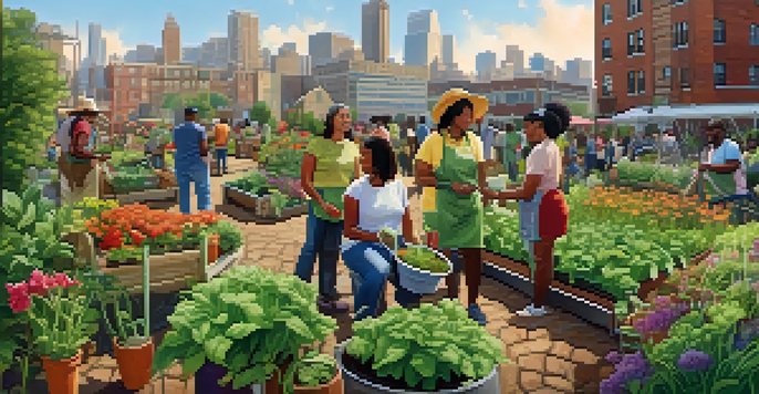 A diverse group of people working together in a sunny community garden with colorful flowers and city buildings in the background.