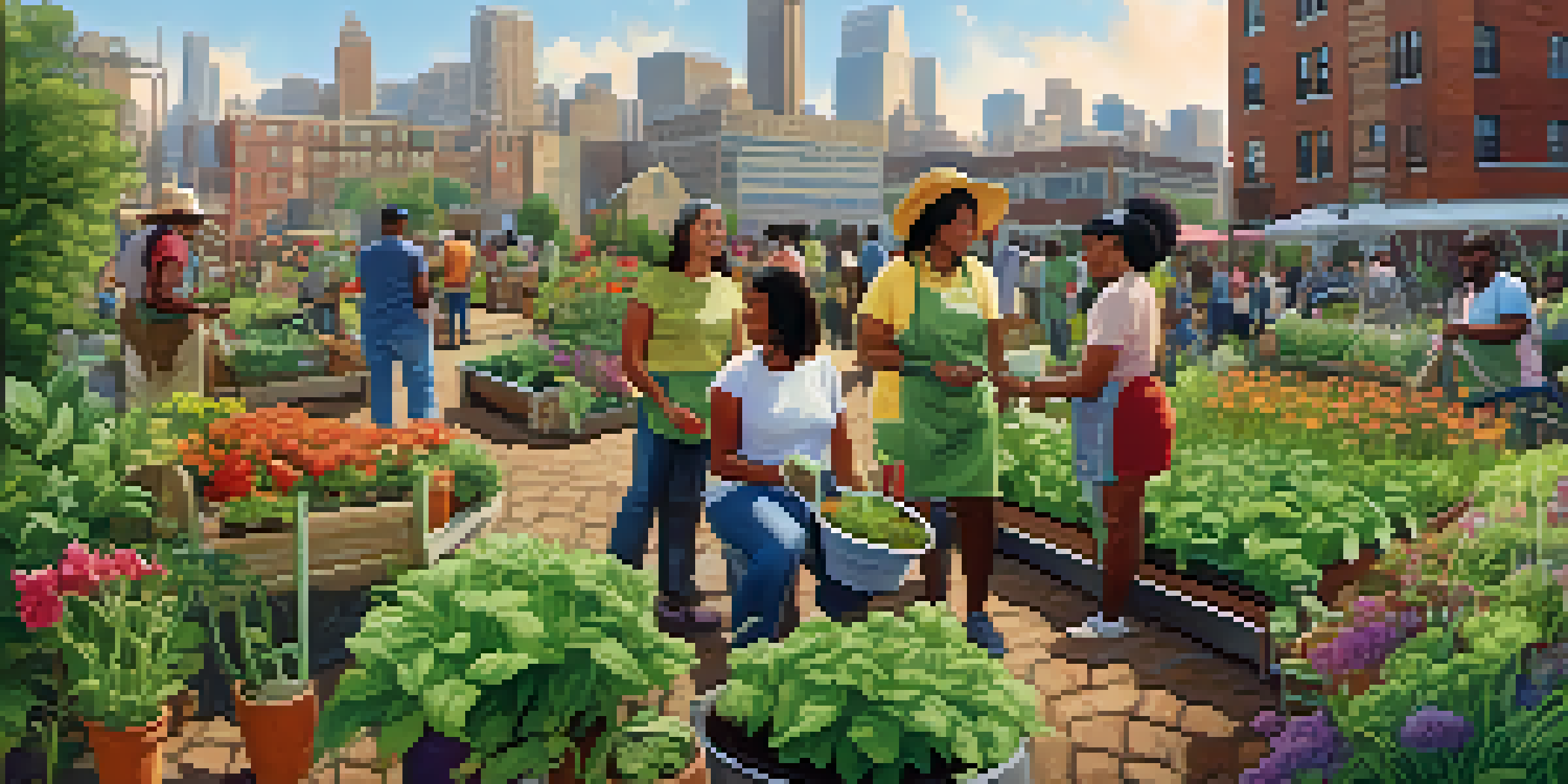 A diverse group of people working together in a sunny community garden with colorful flowers and city buildings in the background.