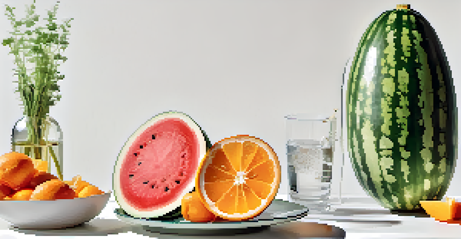 An arrangement of hydration-rich foods like watermelon, cucumbers, and oranges on a plate with a glass of water, against a white background.