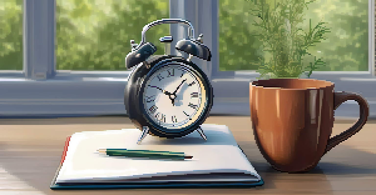 A close-up of a clock indicating napping time, with a notebook and tea next to it.