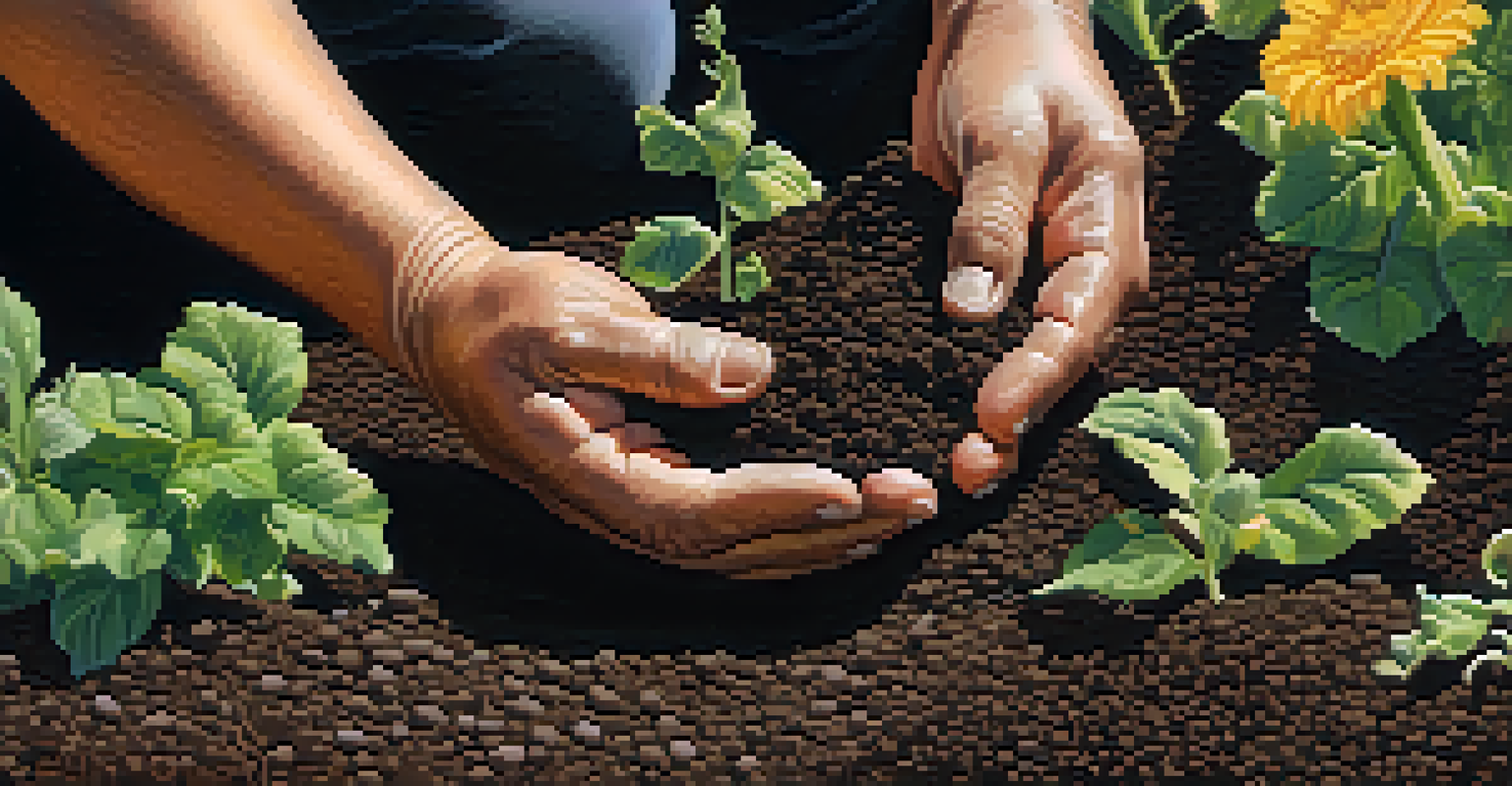 Close-up of hands planting seeds in soil in a community garden, surrounded by flowers and greenery.
