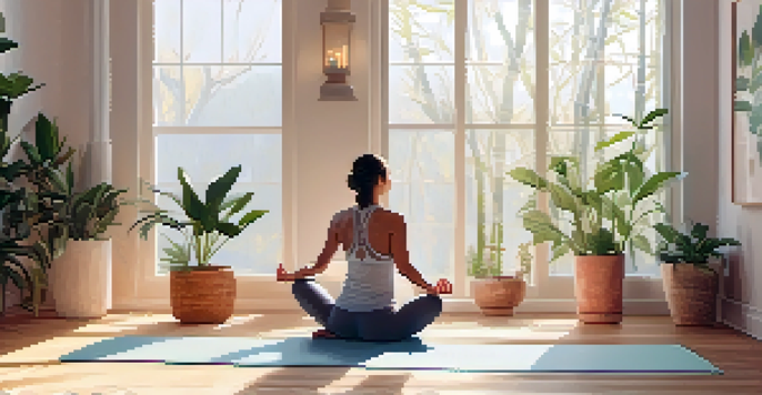 A person practicing yoga in a bright and relaxing room filled with plants and soft lighting.
