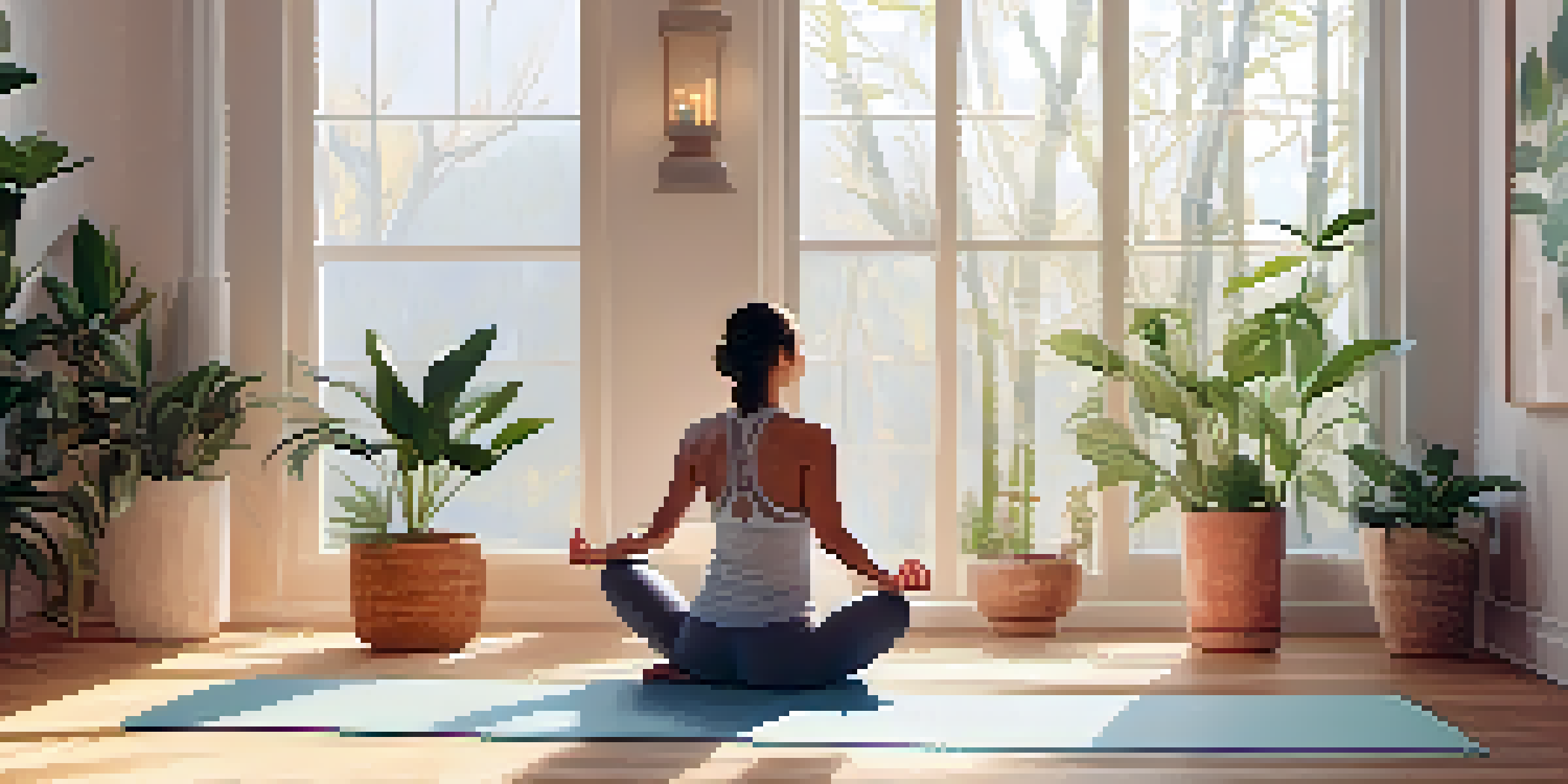 A person practicing yoga in a bright and relaxing room filled with plants and soft lighting.