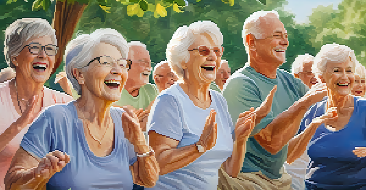 A group of seniors participating in an outdoor exercise class, smiling and enjoying various activities in a green setting.