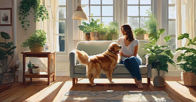 A person sitting on a couch, petting a golden retriever in a sunlit living room filled with plants and cushions.
