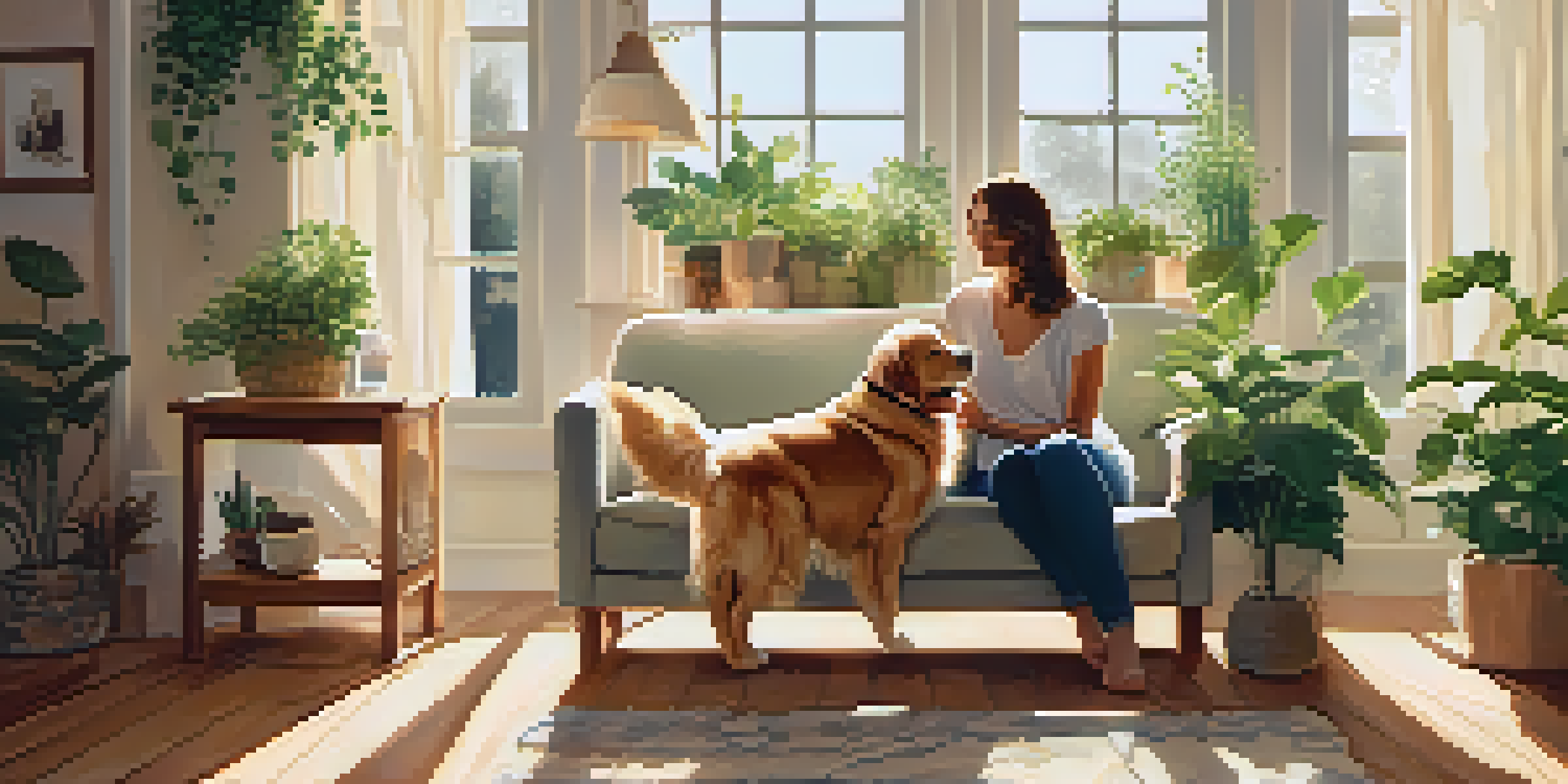 A person sitting on a couch, petting a golden retriever in a sunlit living room filled with plants and cushions.