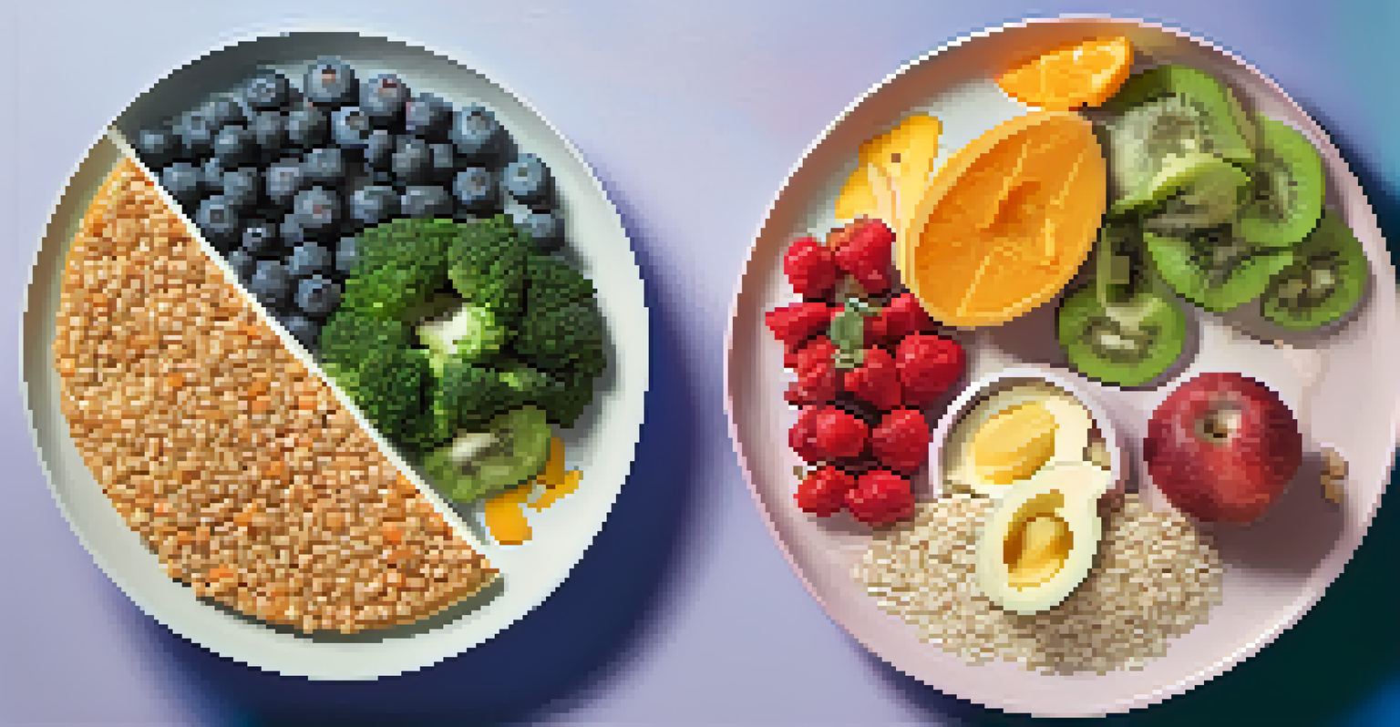 A comparison of two plates of food: one with healthy fruits and vegetables and the other with processed foods, highlighting dietary influences on gut health.