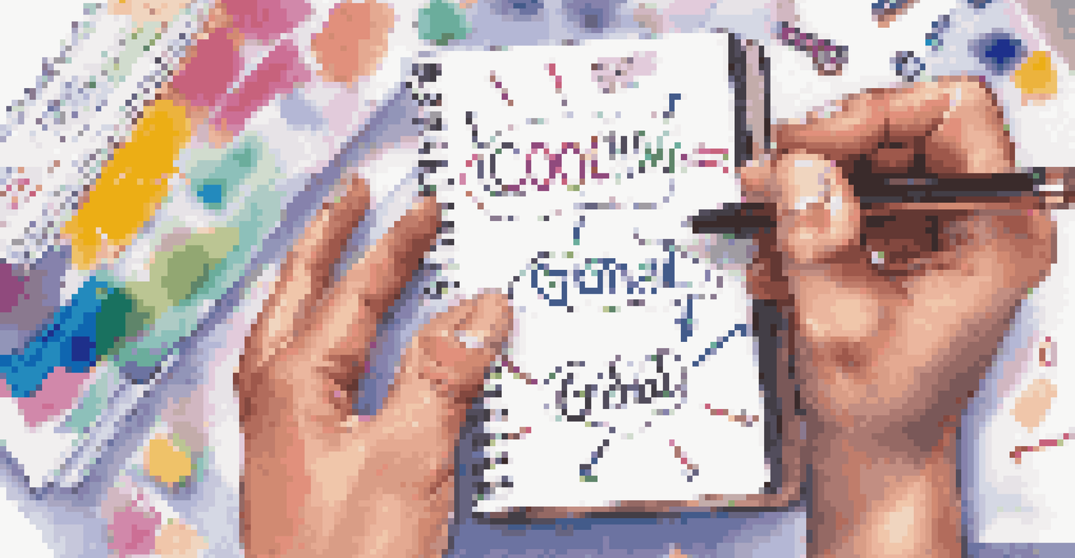 Close-up of hands holding a notebook with SMART goals, surrounded by colorful markers and sticky notes.
