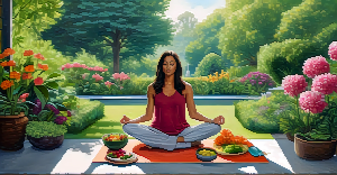 A person meditating in a garden surrounded by greenery and flowers, with nutritious food nearby.