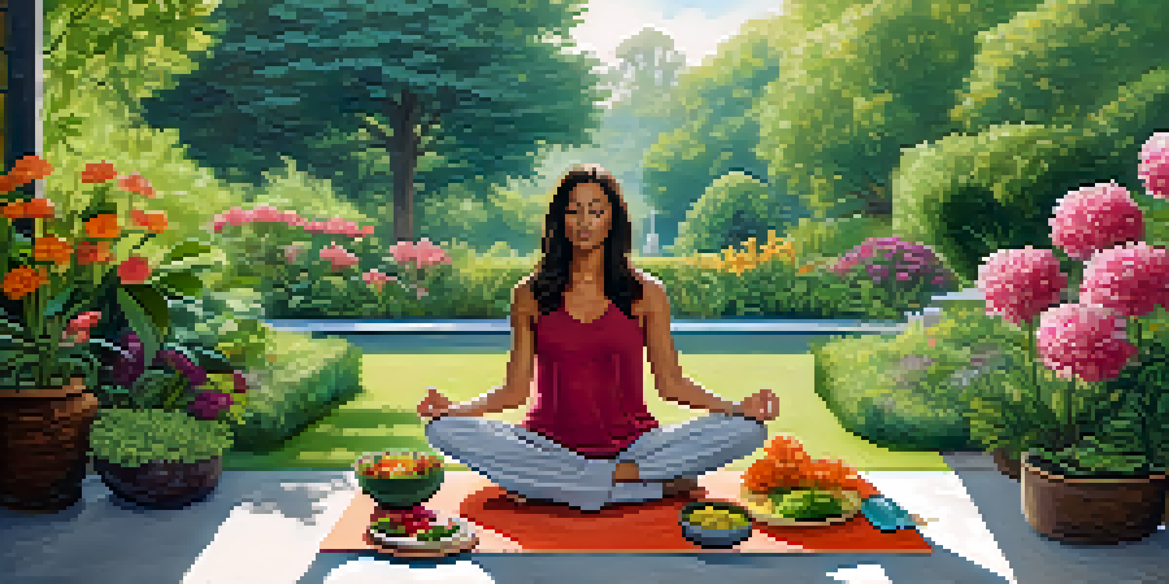 A person meditating in a garden surrounded by greenery and flowers, with nutritious food nearby.