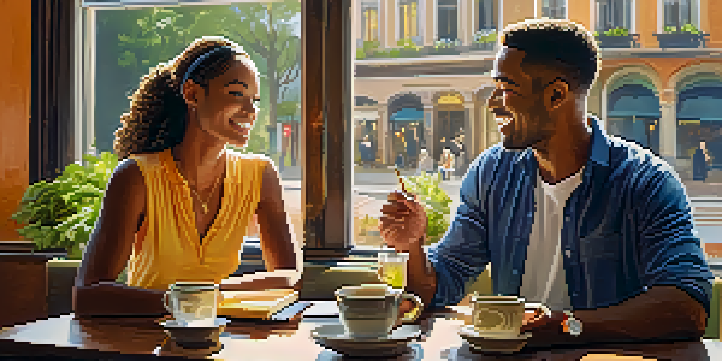 A wellness coach and a client at a cafe, discussing goals with a notebook and tea on the table.