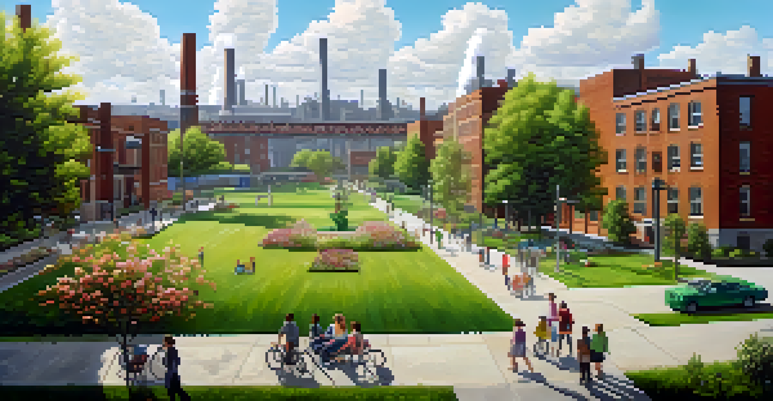 A split scene showing a polluted area with factories and a vibrant green park with families.