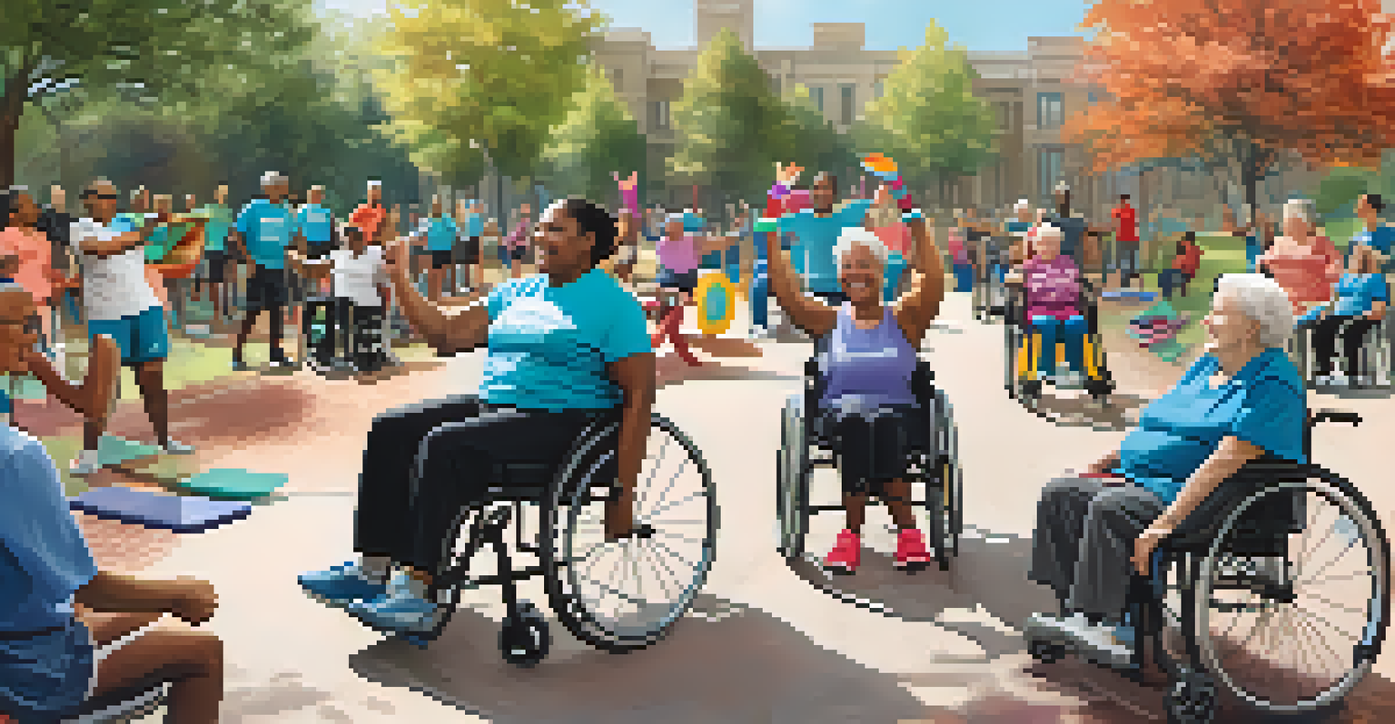 An outdoor fitness class with participants of various ages and abilities, including seniors and individuals in wheelchairs, engaging in a group exercise session.