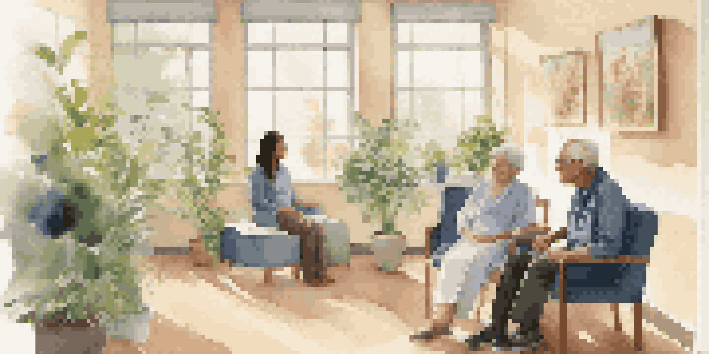 A diverse group of patients in a warm clinic discussing health with a caring healthcare provider, surrounded by natural light and plants.