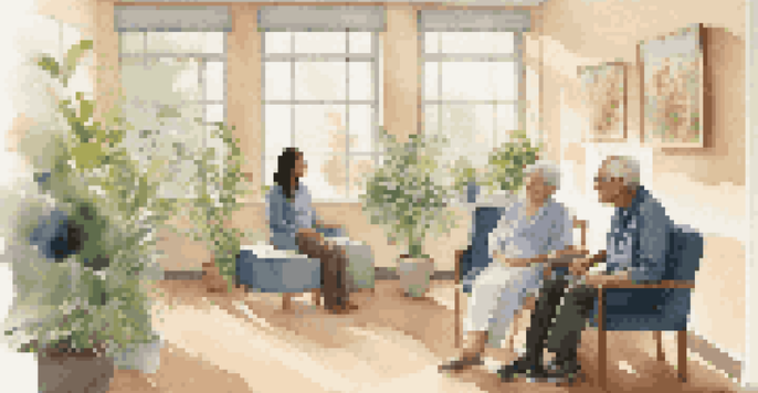A diverse group of patients in a warm clinic discussing health with a caring healthcare provider, surrounded by natural light and plants.