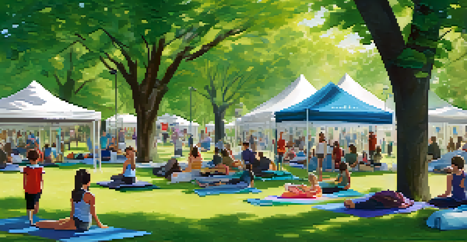 A vibrant outdoor event with booths providing information on sleep health, families participating in relaxation activities in a park.