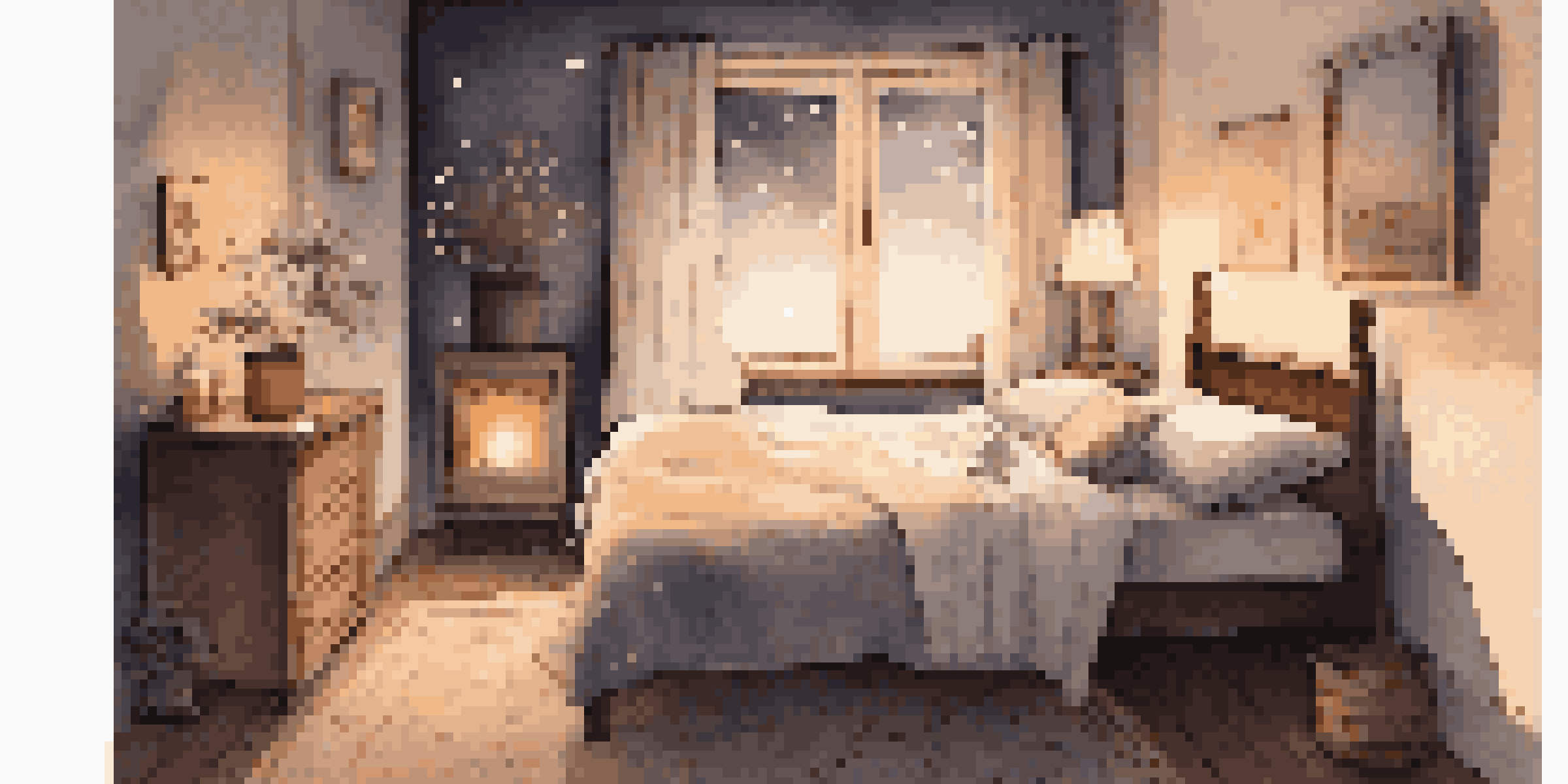 A cozy bedroom with a neatly made bed, soft blankets, warm ambient lighting, and a view of a starry night sky through the window.