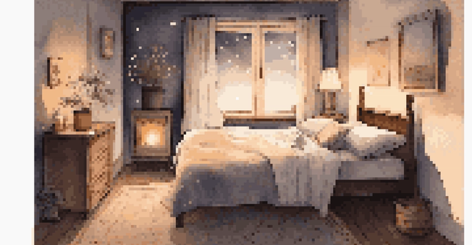 A cozy bedroom with a neatly made bed, soft blankets, warm ambient lighting, and a view of a starry night sky through the window.