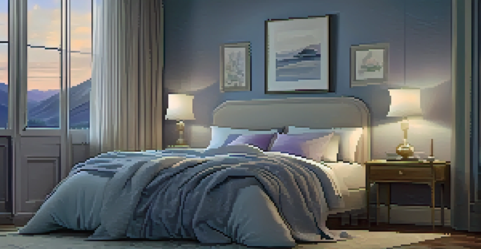 A peaceful bedroom with a neatly made bed, soft linens, a bedside table with a warm lamp, a book, and a cup of tea, all in calming blue and lavender hues.