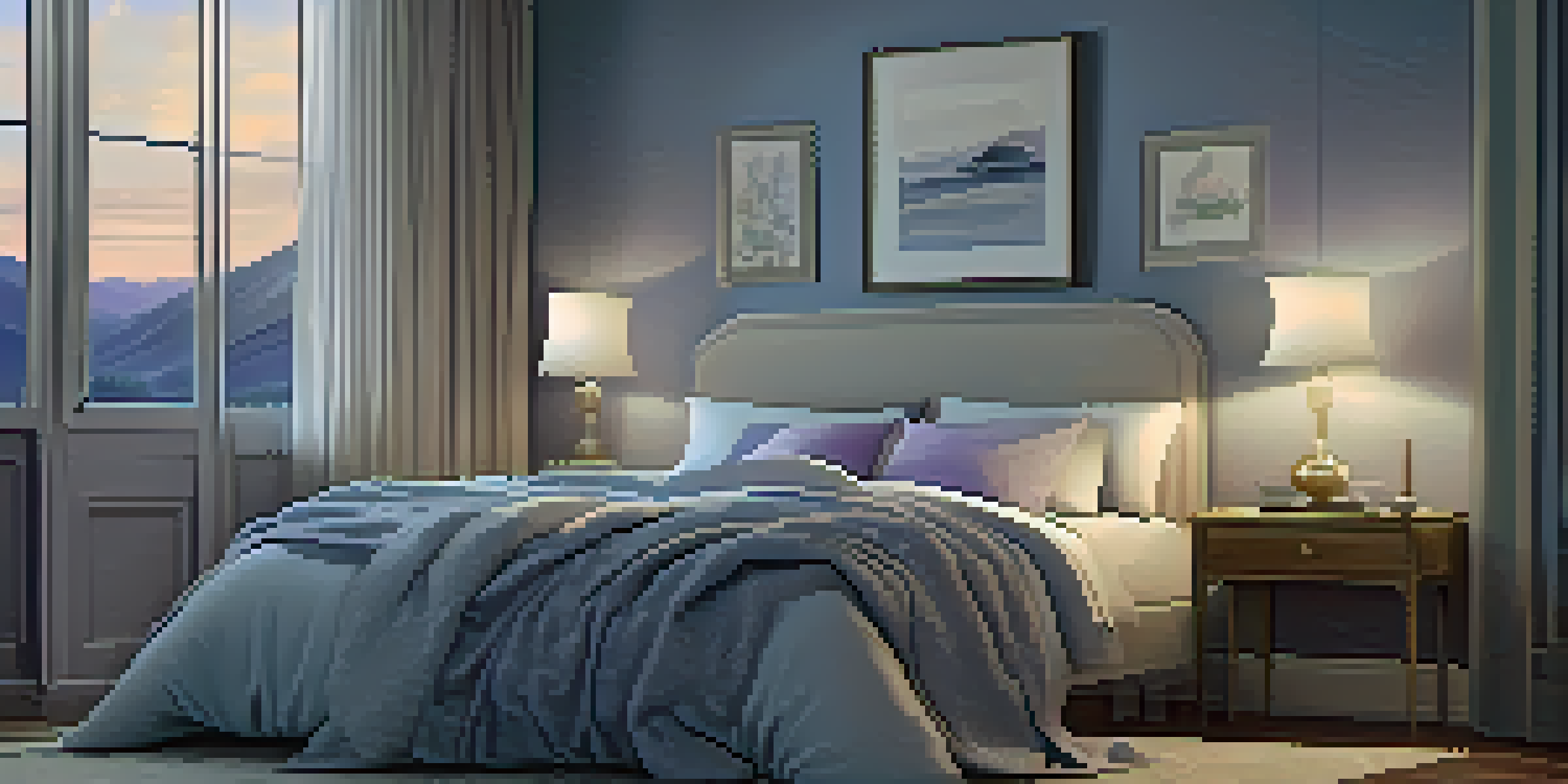 A peaceful bedroom with a neatly made bed, soft linens, a bedside table with a warm lamp, a book, and a cup of tea, all in calming blue and lavender hues.