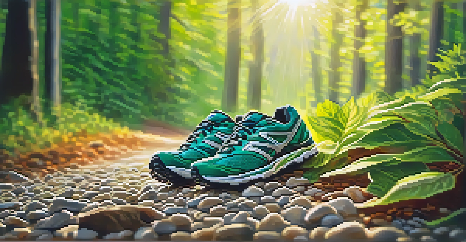 A close-up of running shoes on a gravel path with a blurred green forest in the background, illuminated by dappled sunlight.