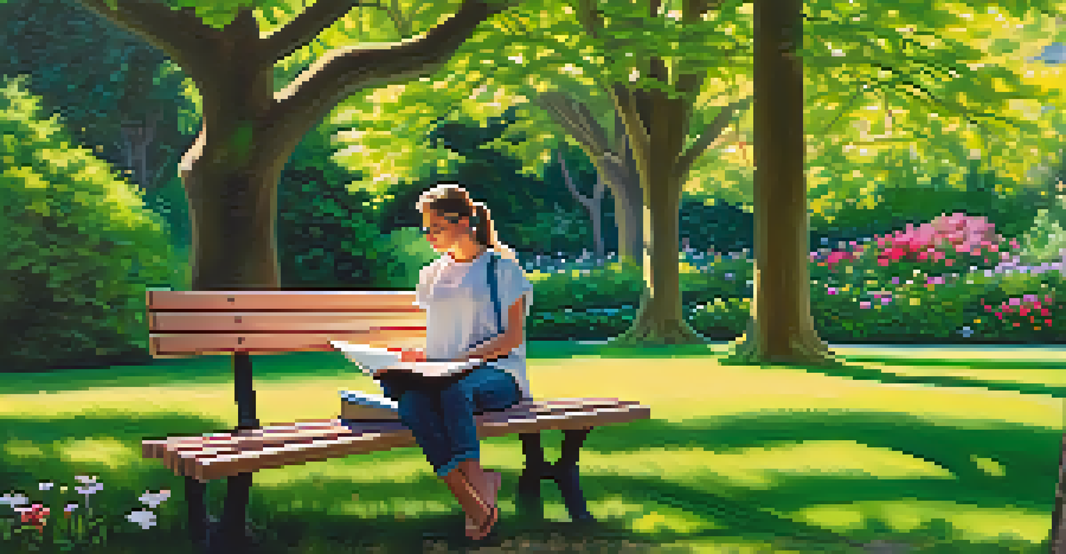 A person sitting on a park bench with a notebook, surrounded by greenery and flowers, enjoying a peaceful break.