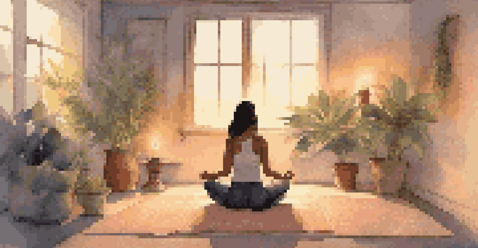 A person sitting cross-legged on a yoga mat, practicing deep breathing in a softly lit room surrounded by candles and a plant, evoking a sense of peace.