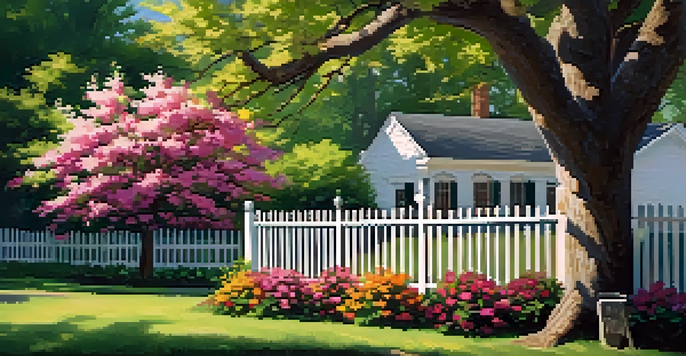 A tranquil garden with a white picket fence, colorful flowers, and a wooden bench under an oak tree.