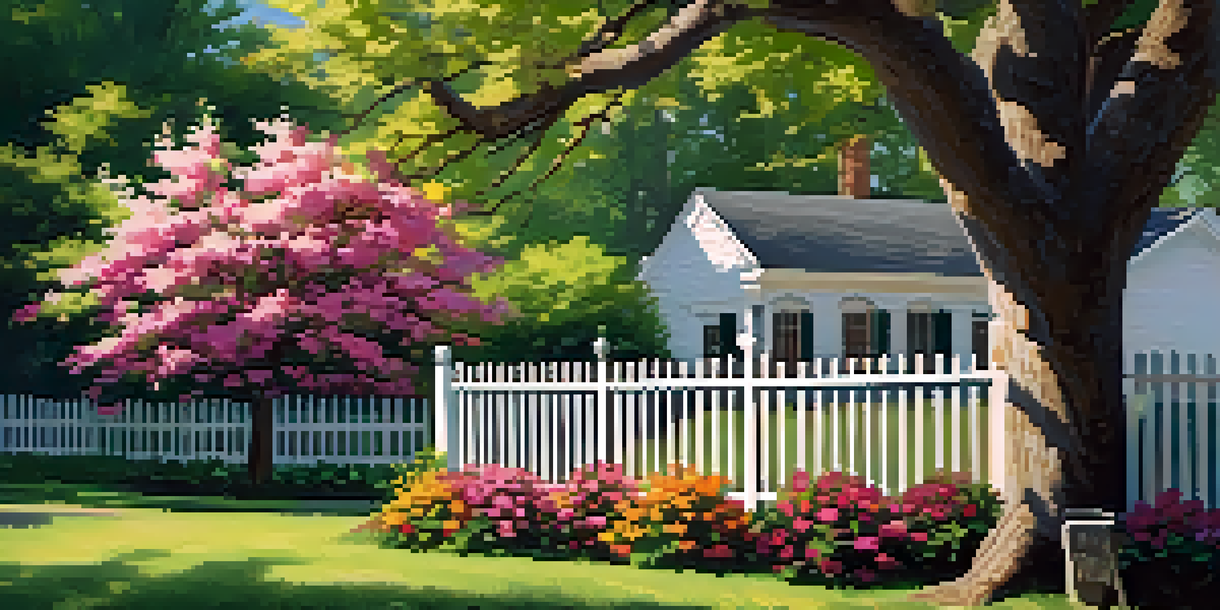 A tranquil garden with a white picket fence, colorful flowers, and a wooden bench under an oak tree.