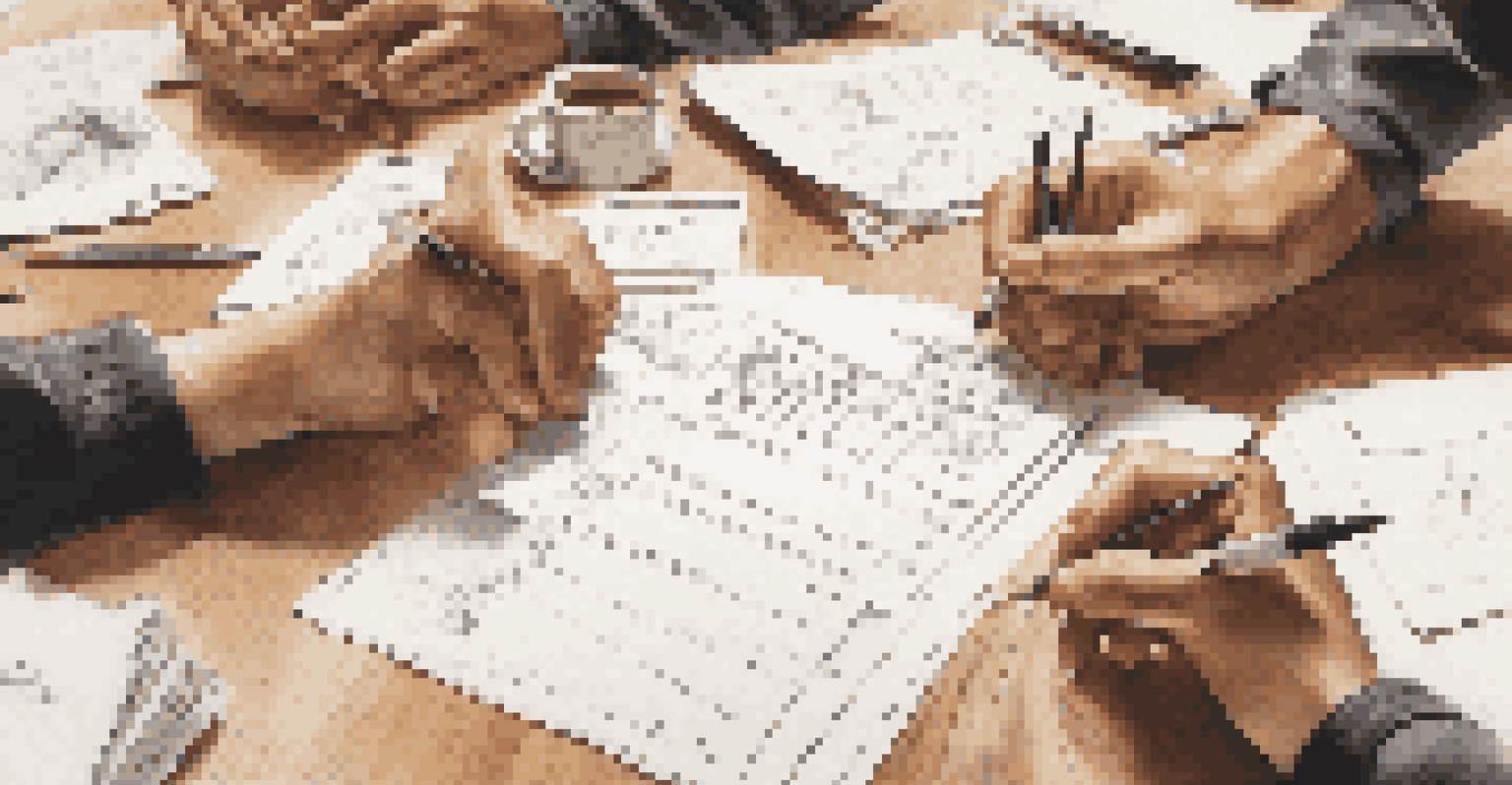 Close-up of hands filling out a feedback form during a workshop, surrounded by pens and papers, with blurred participants in the background.