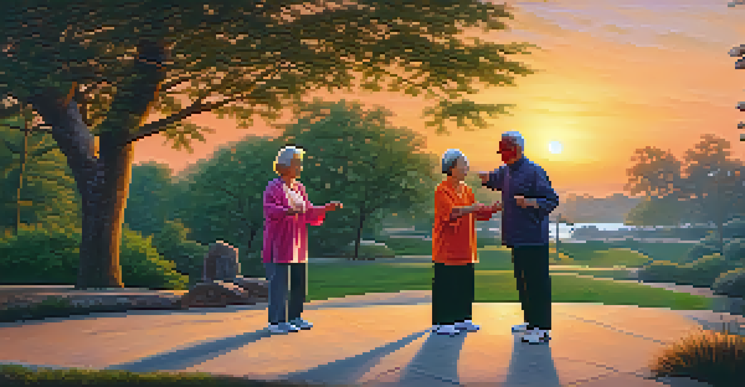 An elderly couple performing tai chi in a park during sunset, highlighting their peaceful expressions and the warm colors of the sky.